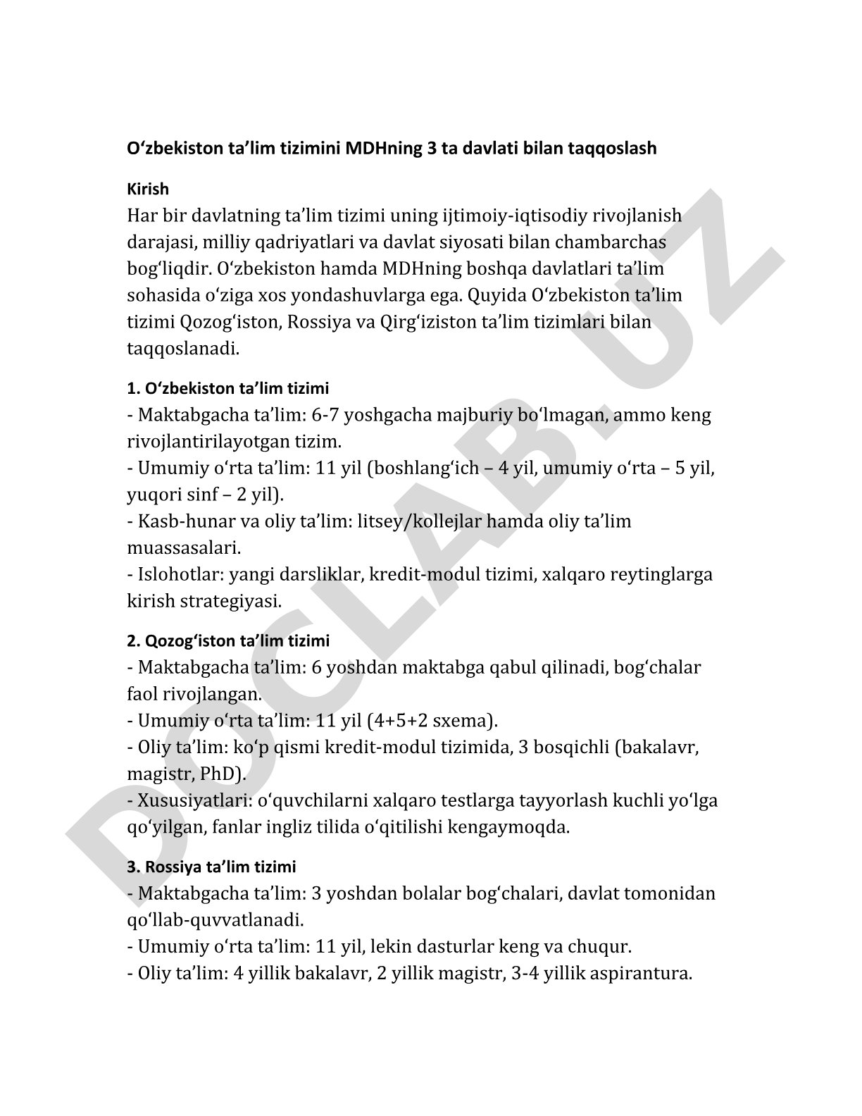 Oʻzbekiston taʼlim tizimini MDHning 3 ta davlati bilan taqqoslash