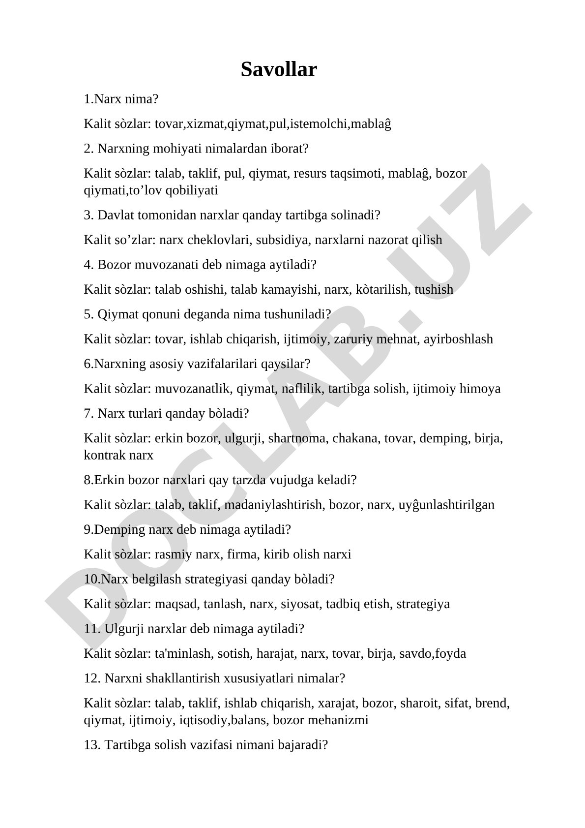 Narx va uning mohiyati bo'yicha savollar