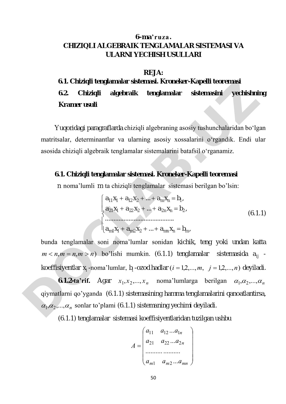 Chiziqli algebraik tenglamalar sistemasi va ularni yechish usullari