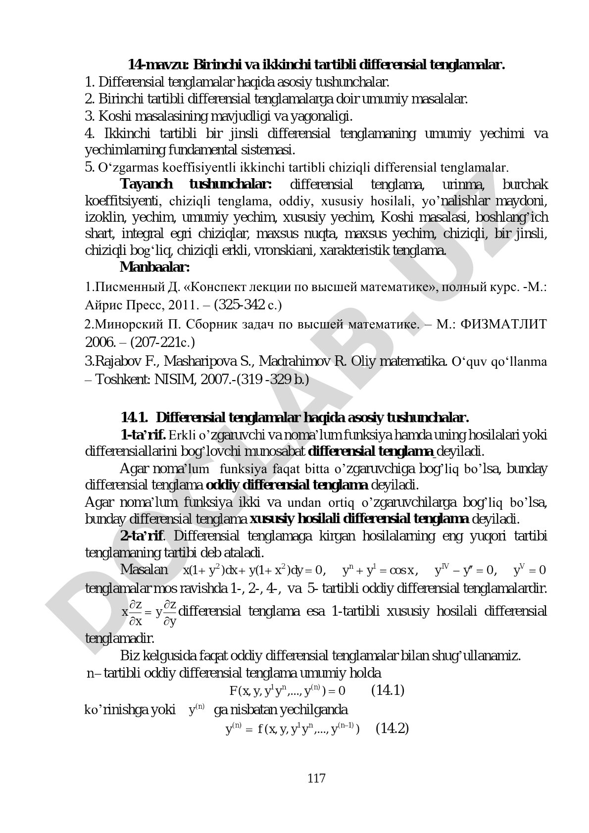Birinchi va ikkinchi tartibli differensial tenglamalar