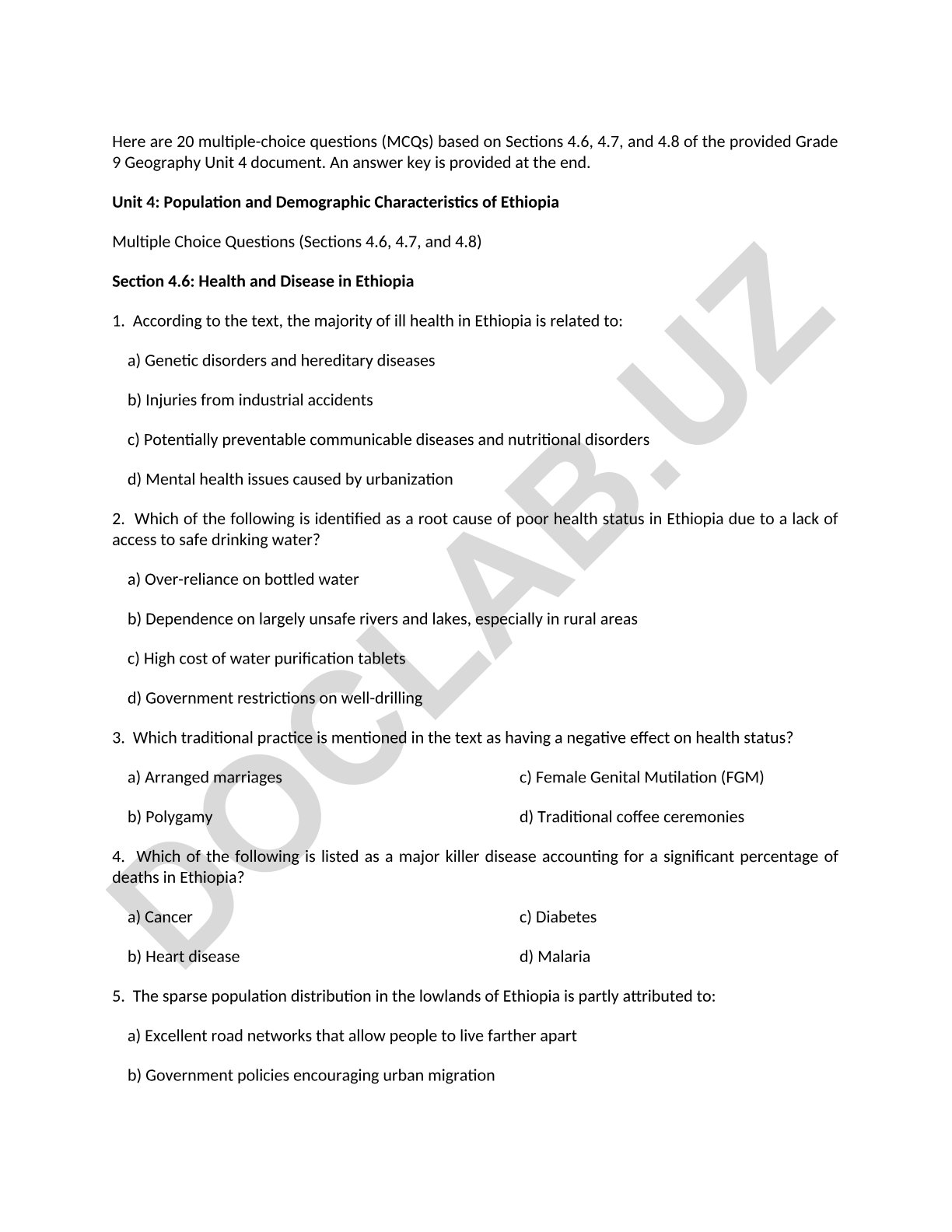 Ethiopia's Population Health and Demographic Characteristics Test Questions