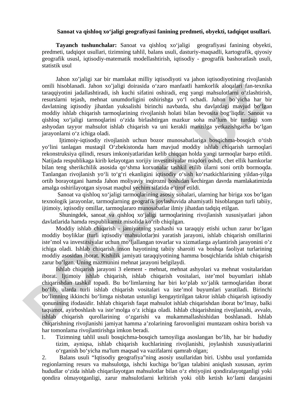 Sanoat va qishloq xo'jaligi geografiyasi fanining predmeti, obyekti, tadqiqot usullari