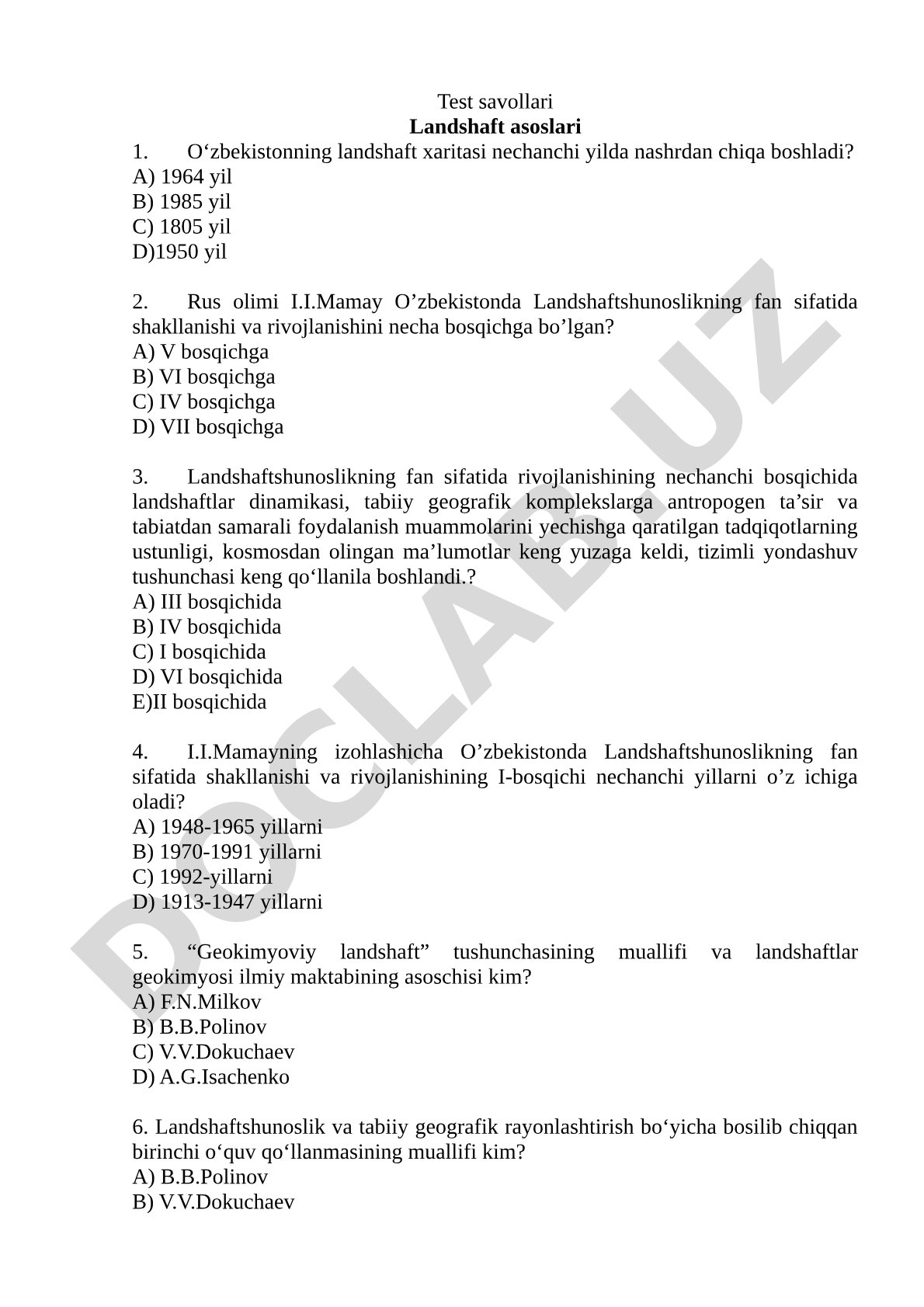 Test savollari Landshaft asoslari