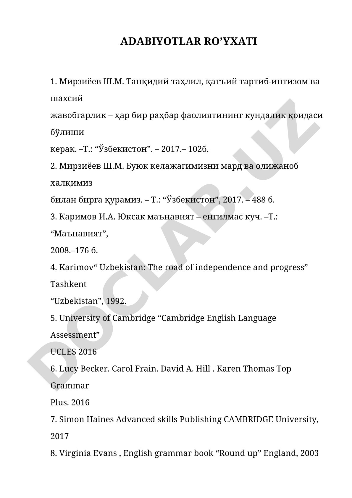 Ingliz tili o'qitish bo'yicha adabiyotlar ro'yxati