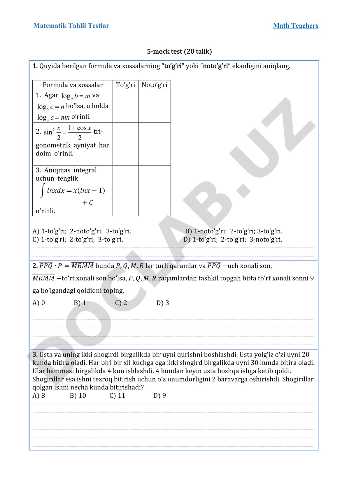 Matematik tahlil testlari