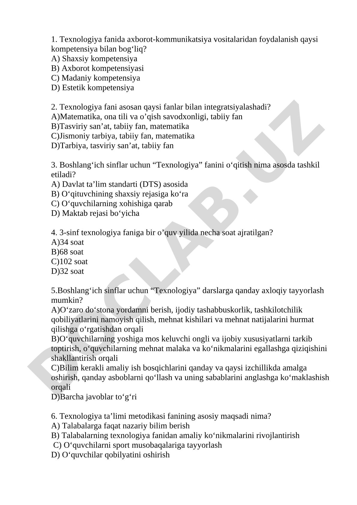 Boshlang'ich sinflar texnologiya fanidan test savollari