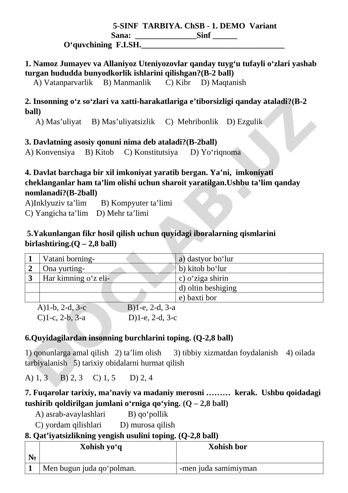 5-sinf Tarbiya ChSB-1 demo varianti