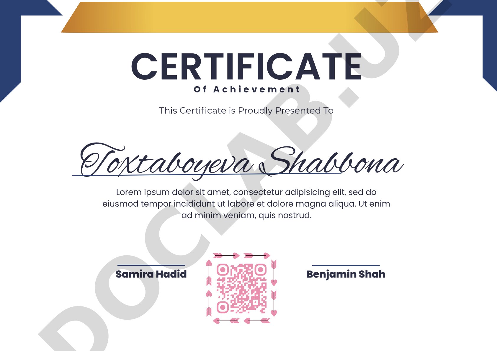 Certificate of Achievement for Toxtaboyeva Shabbona Samira Hadid Benjamin Shah