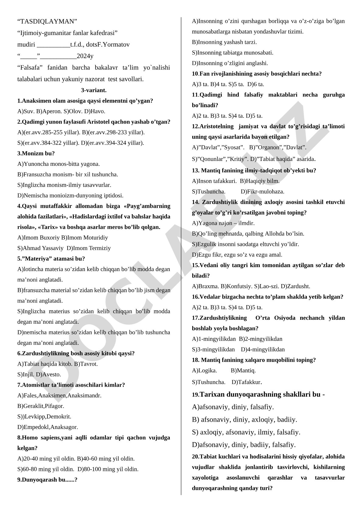 Falsafa fanidan yakuniy nazorat test savollari 3-variant
