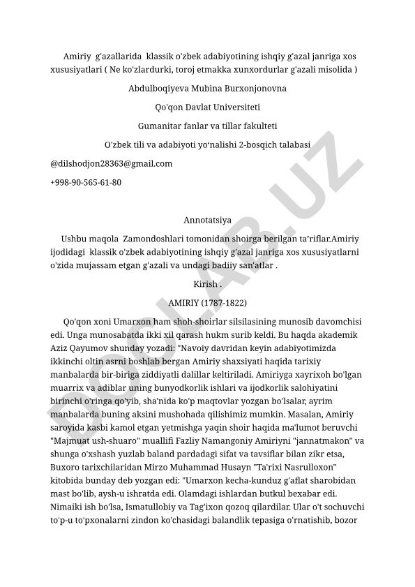 Amiriy g'azallarida klassik o'zbek adabiyotining ishqiy g'azal janriga xos xususiyatlari
