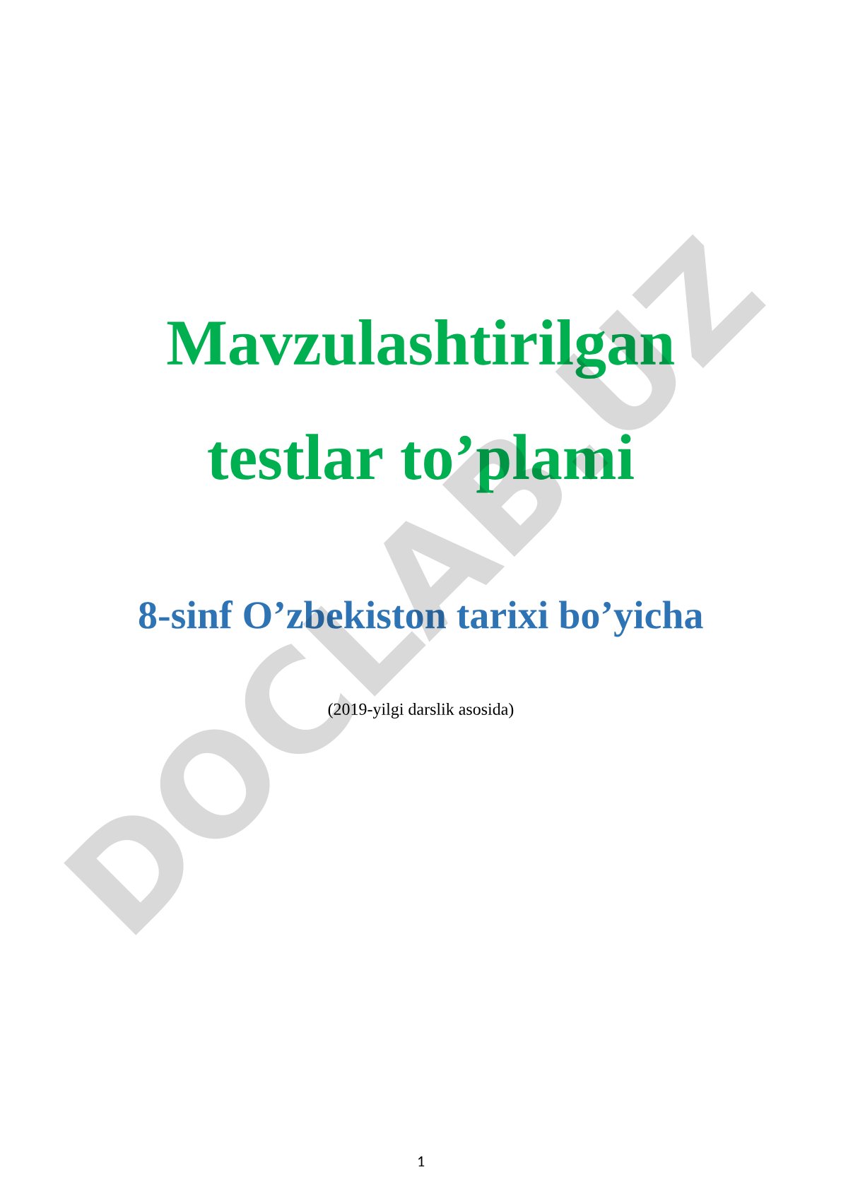 8-sinf O'zbekiston tarixi bo'yicha mavzulashtirilgan testlar to'plami
