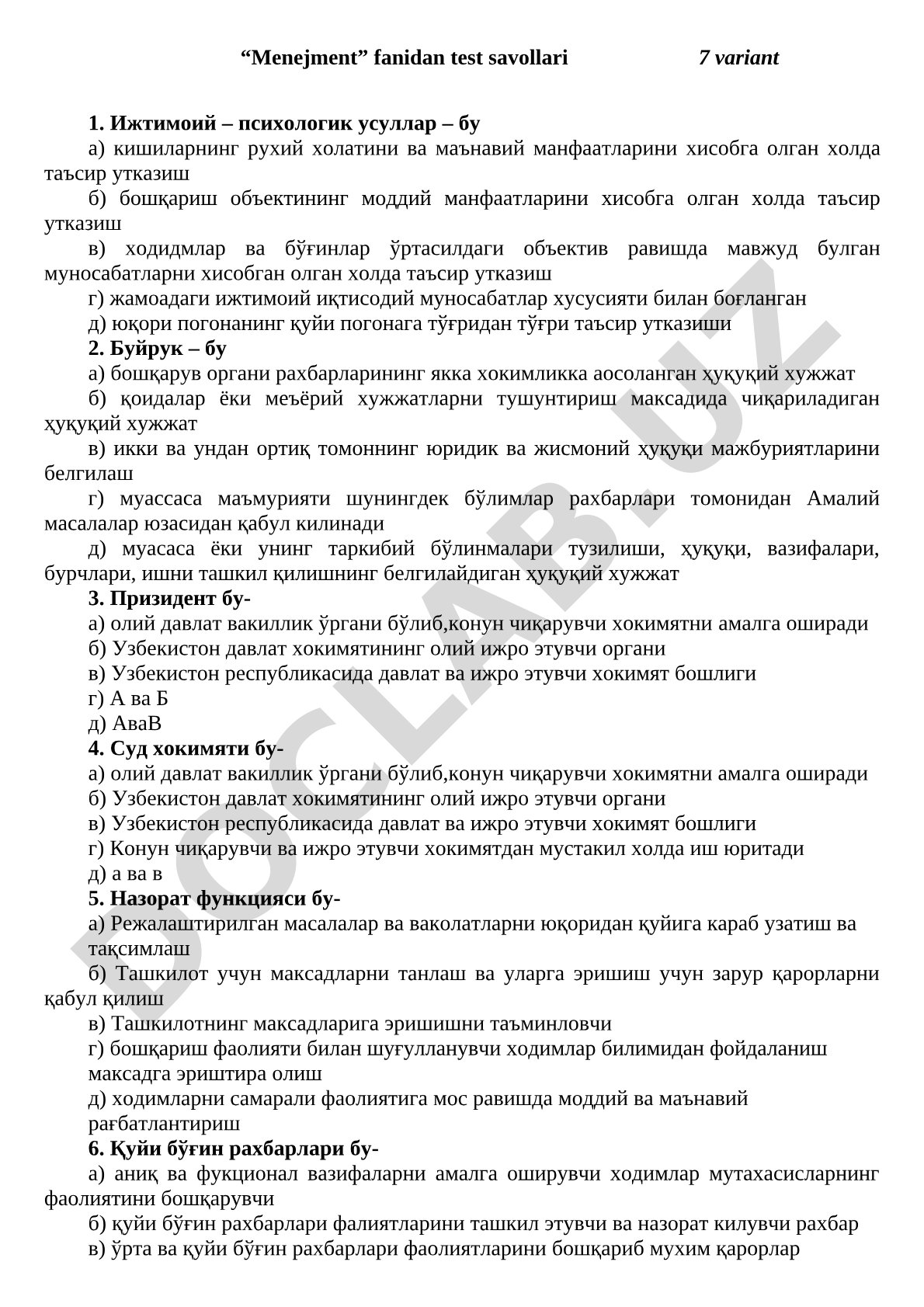 Menejment fanidan test savollari 7 variant
