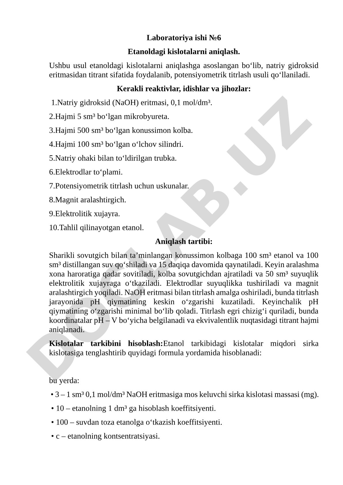 Laboratoriya ishi №6 Etanoldagi kislotalarni aniqlash