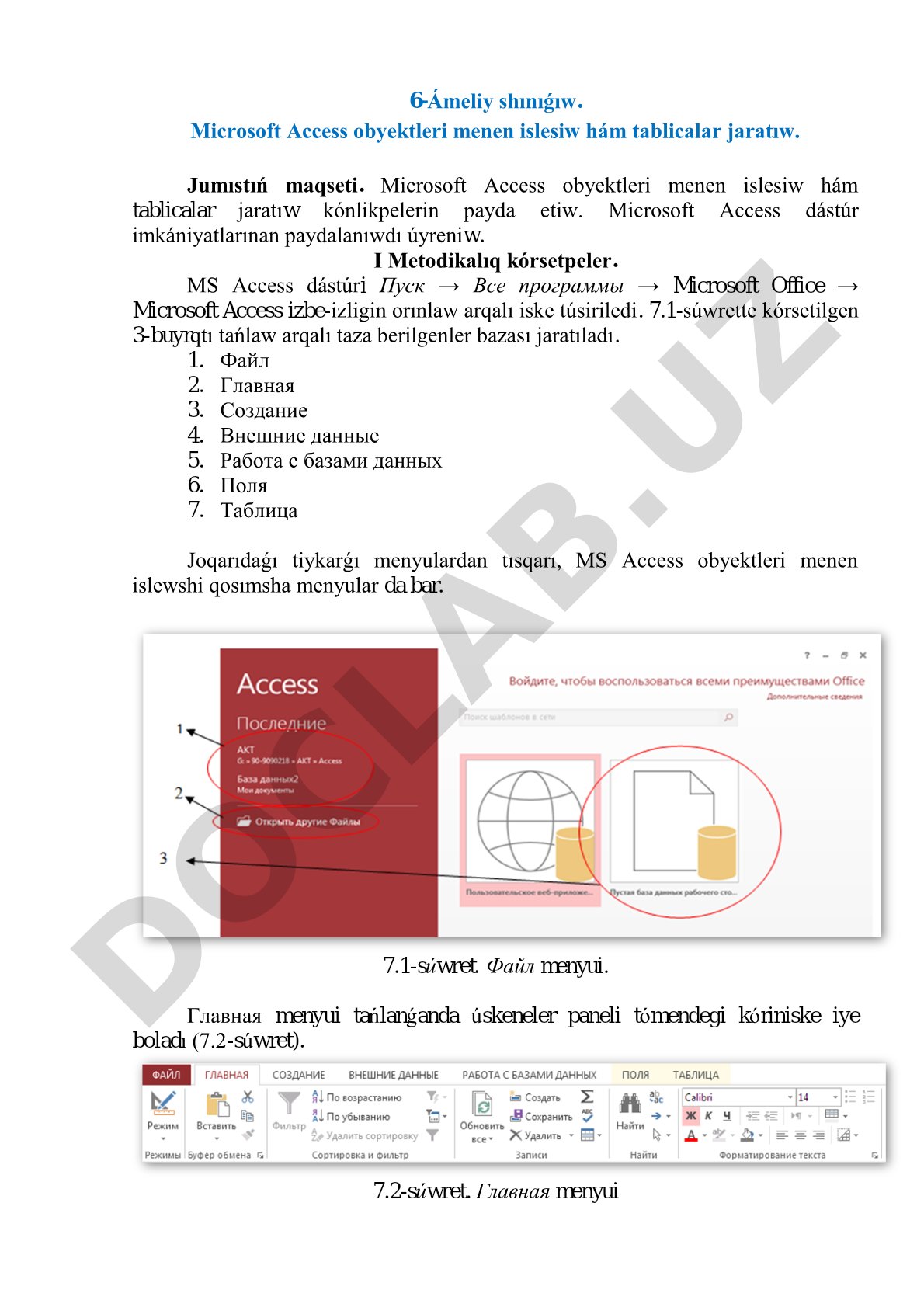 Microsoft Access obyektleri menen islesiw hám tablicalar jaratıw