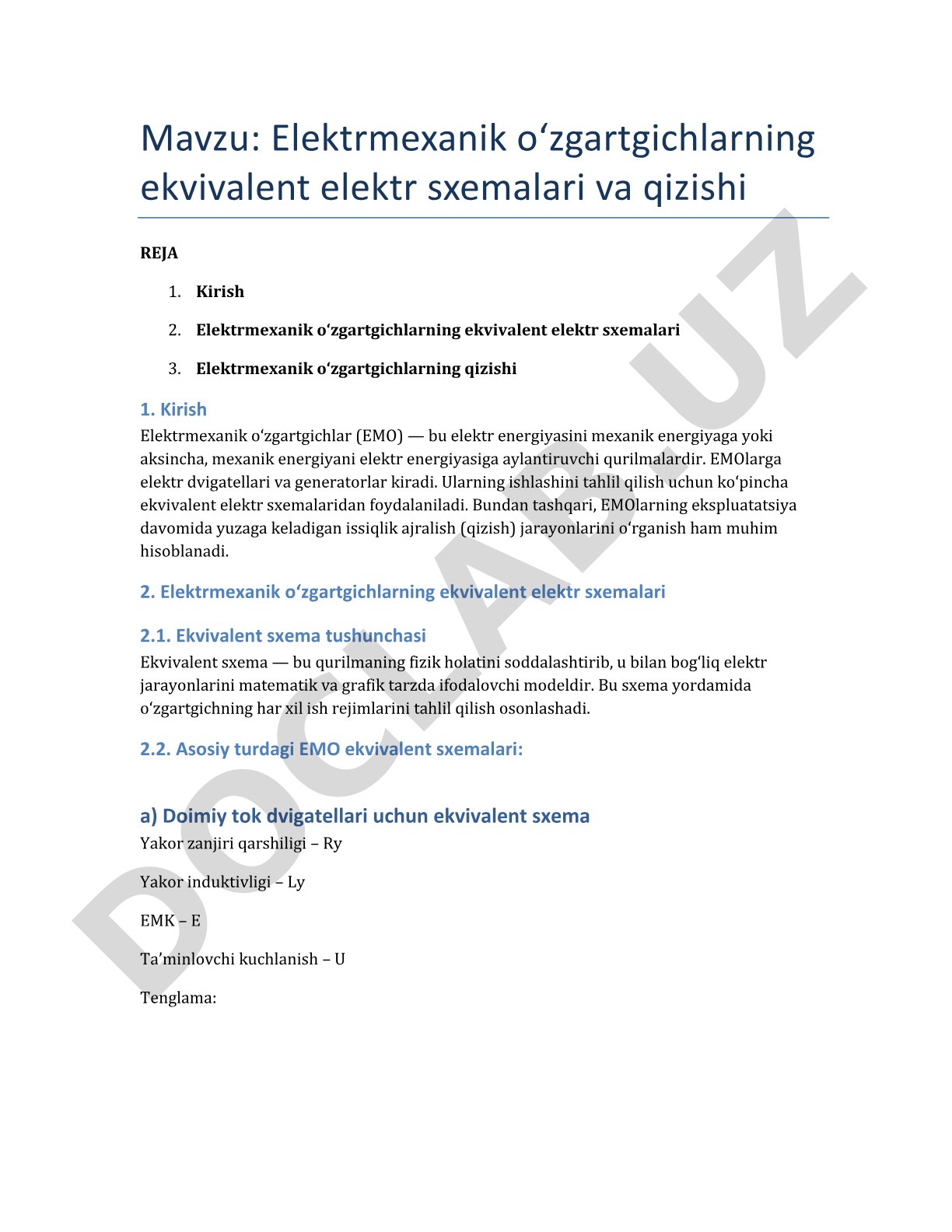 Elektrmexanik o‘zgartgichlarning ekvivalent elektr sxemalari va qizishi