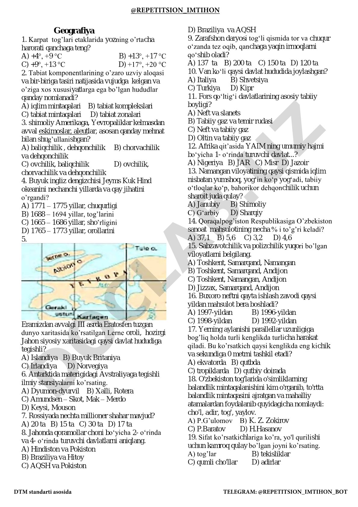 Geografiya test savollari