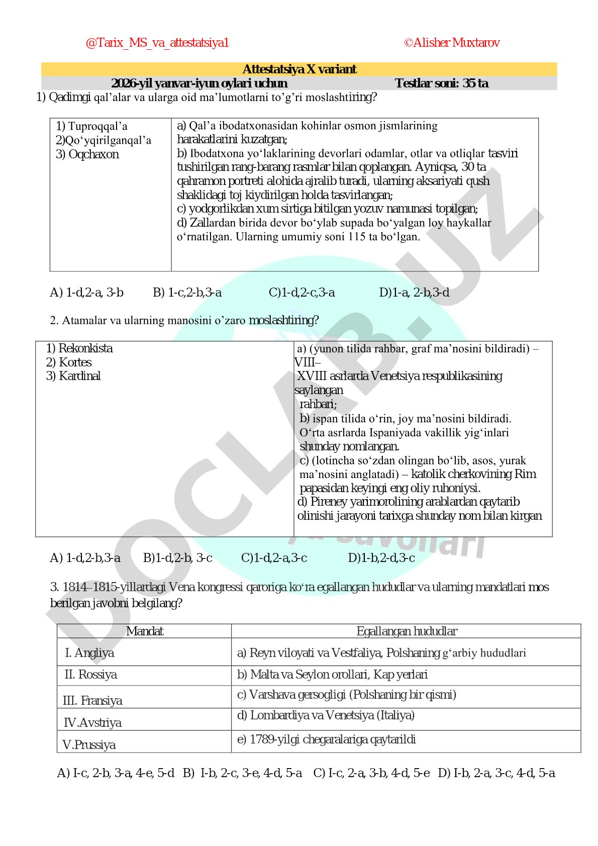 Qadimgi qal'alar va tarixiy atamalar bo'yicha attestatsiya testi
