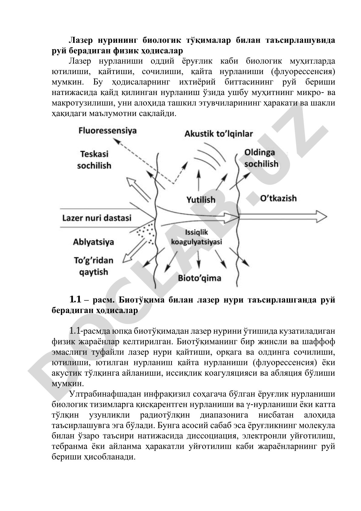 Лазер нурининг биологик тўқималар билан таъсирлашувида руй берадиган физик ҳодисалар