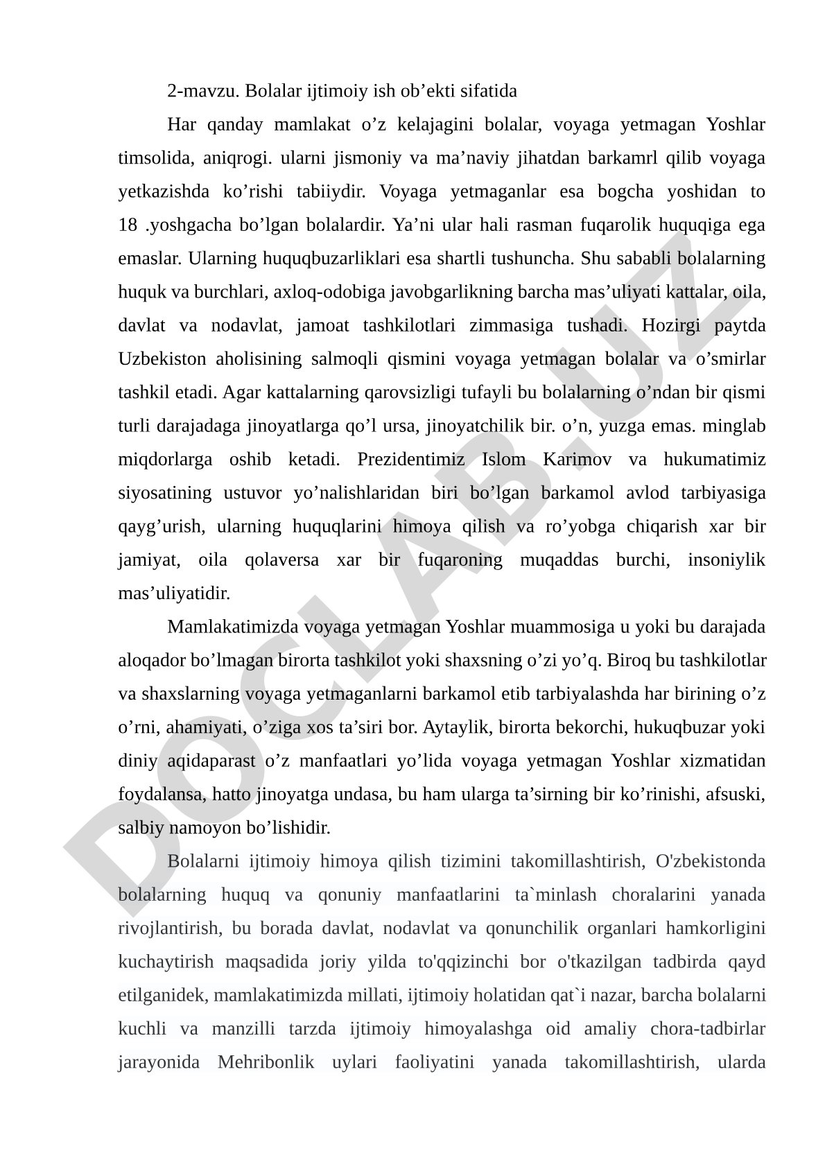 Bolalar ijtimoiy ish ob’ekti sifatida