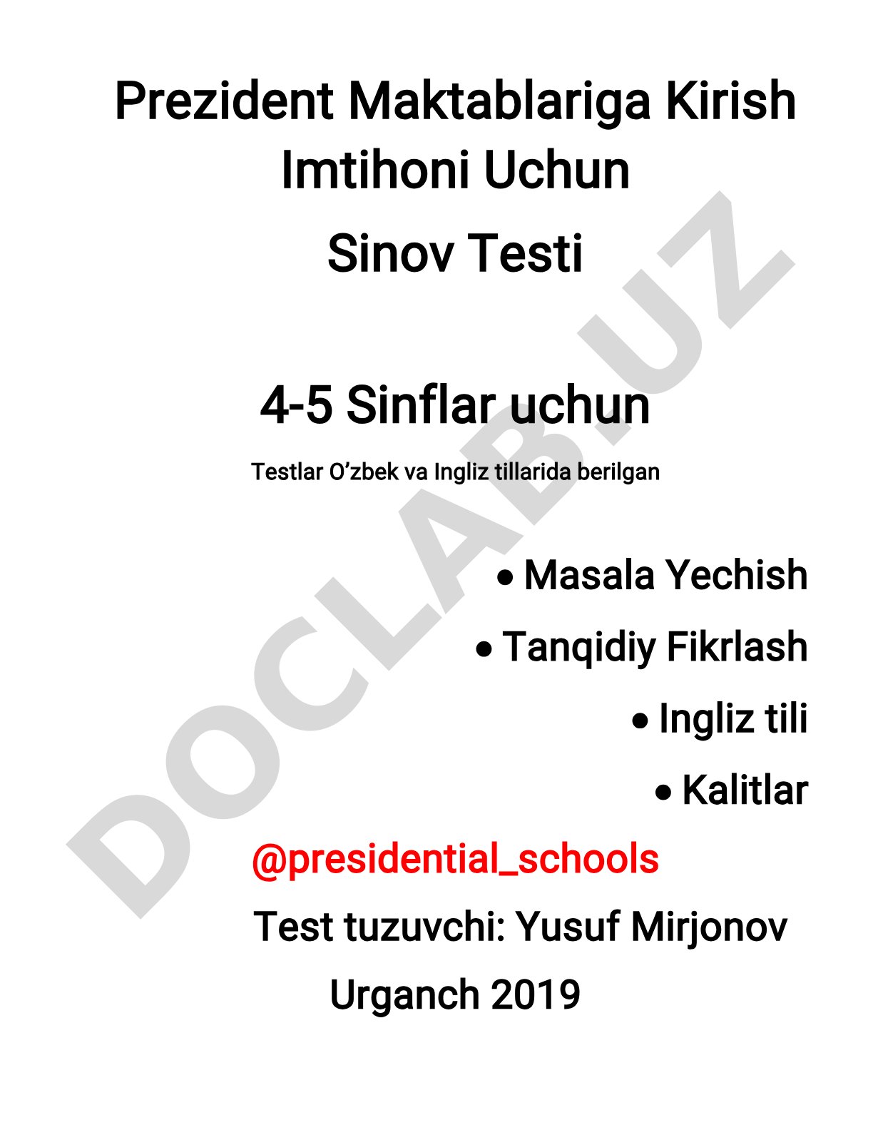 Prezident maktablariga kirish imtihoni uchun sinov testi