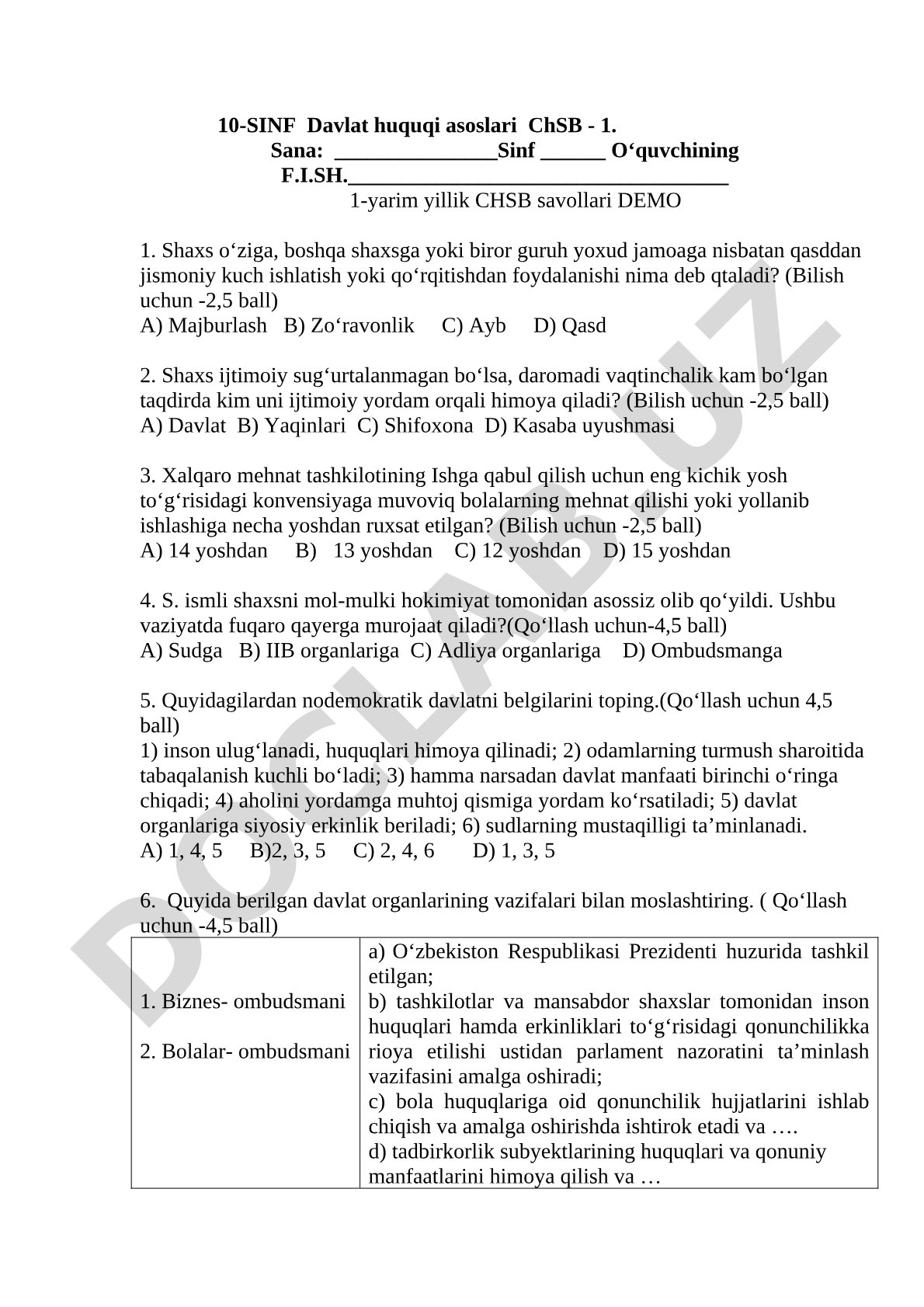 10-sinf Davlat huquqi asoslari ChSB - 1