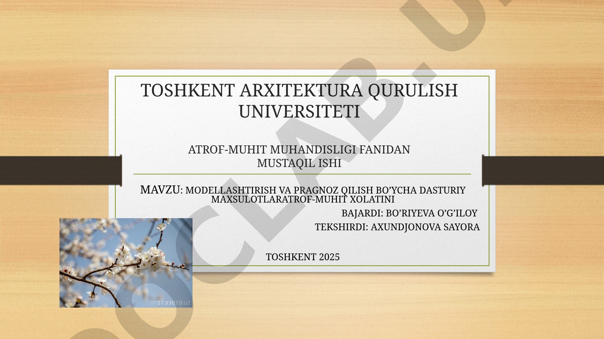 MODELLASHTIRISH VA PRAGNOZ QILISH BO'YCHA DASTURIY MAXSULOTLAR ATROF-MUHIT XOLATINI