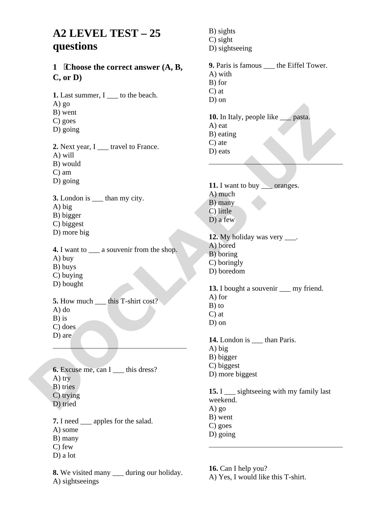 A2 Level English Test (25 Questions)