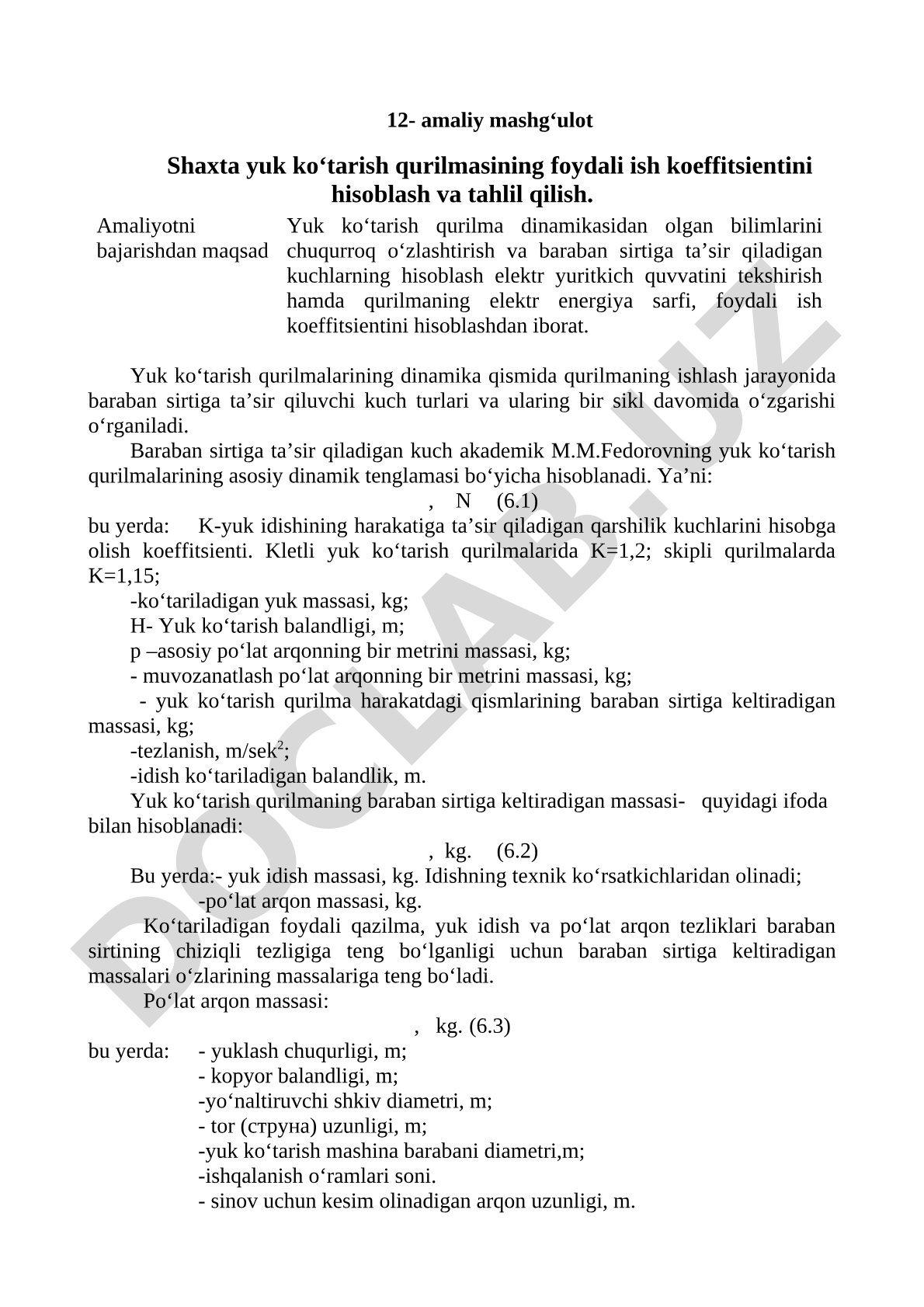 Shaxta yuk ko'tarish qurilmasining foydali ish koeffitsientini hisoblash va tahlil qilish