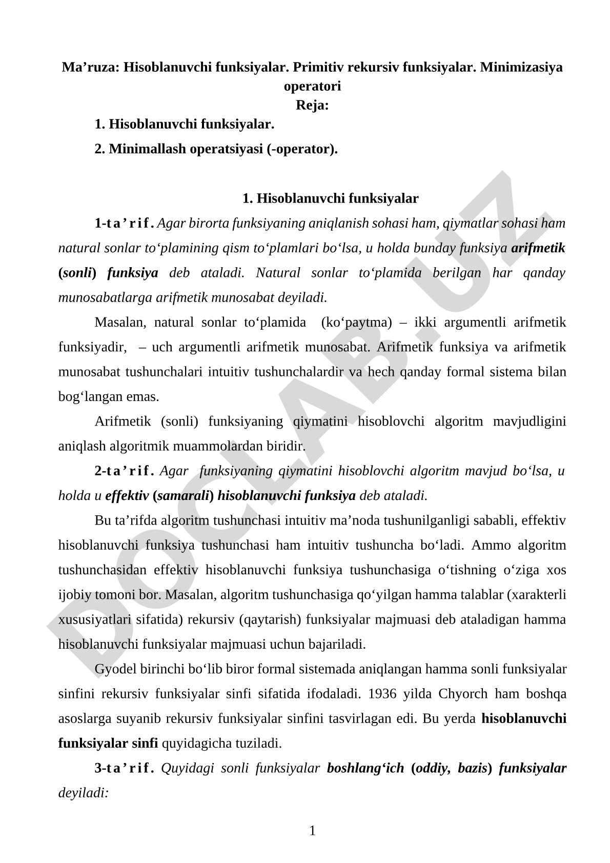 Hisoblanuvchi funksiyalar. Primitiv rekursiv funksiyalar. Minimizasiya operatori
