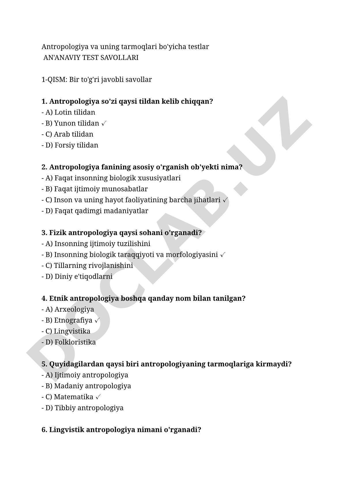 Antropologiya va uning tarmoqlari bo'yicha testlar
