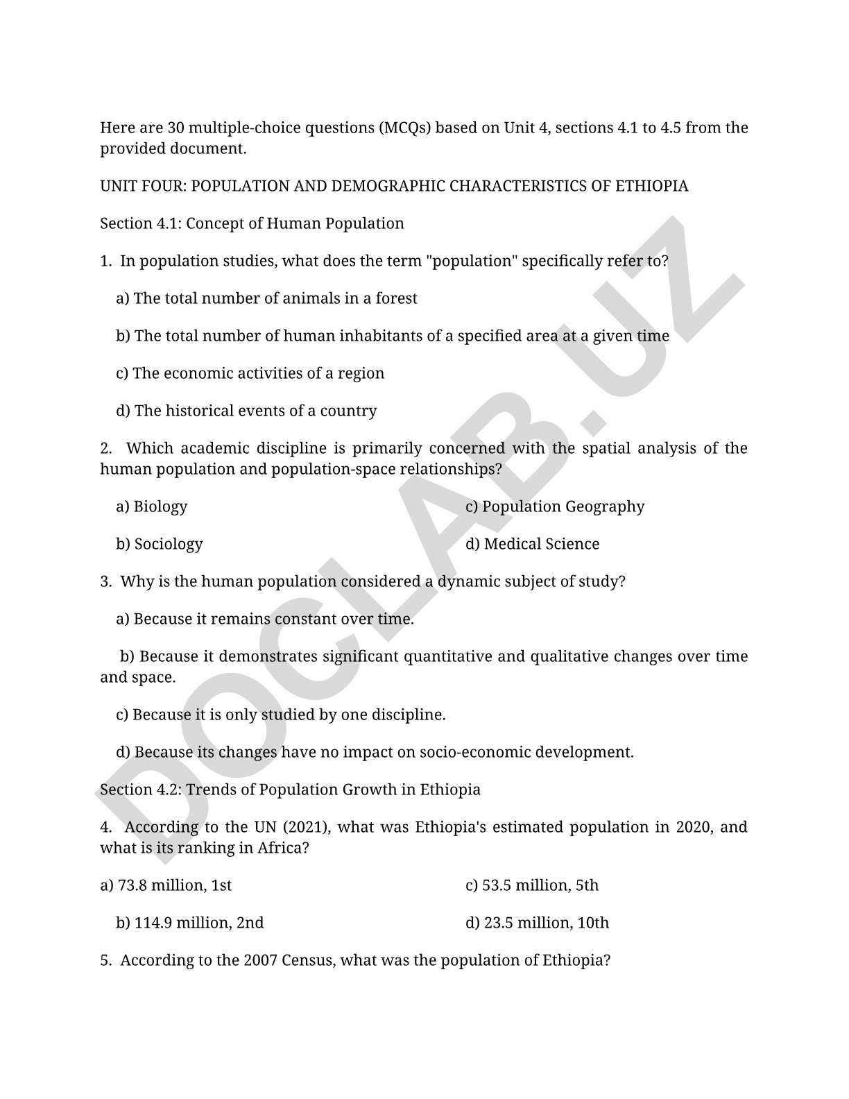 Unit 4: Population and Demographic Characteristics of Ethiopia - Multiple Choice Questions