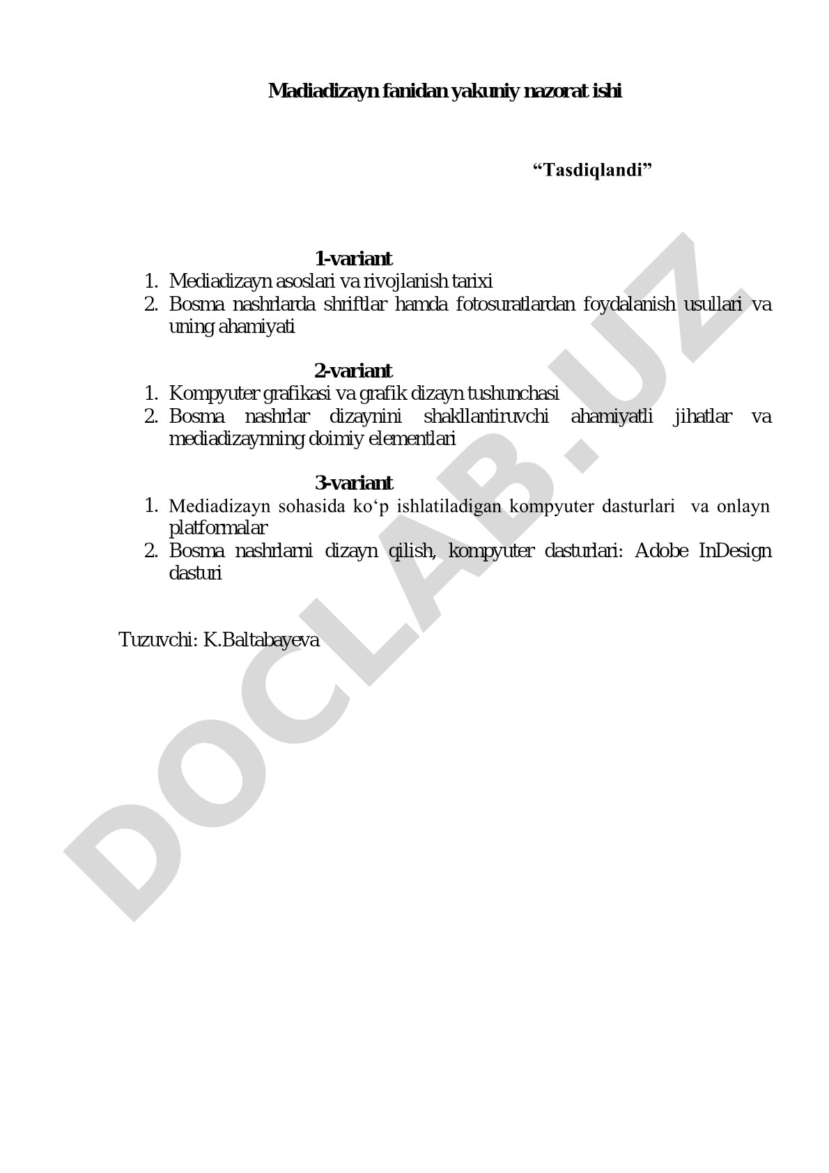 Mediadizayn fanidan yakuniy nazorat savollari