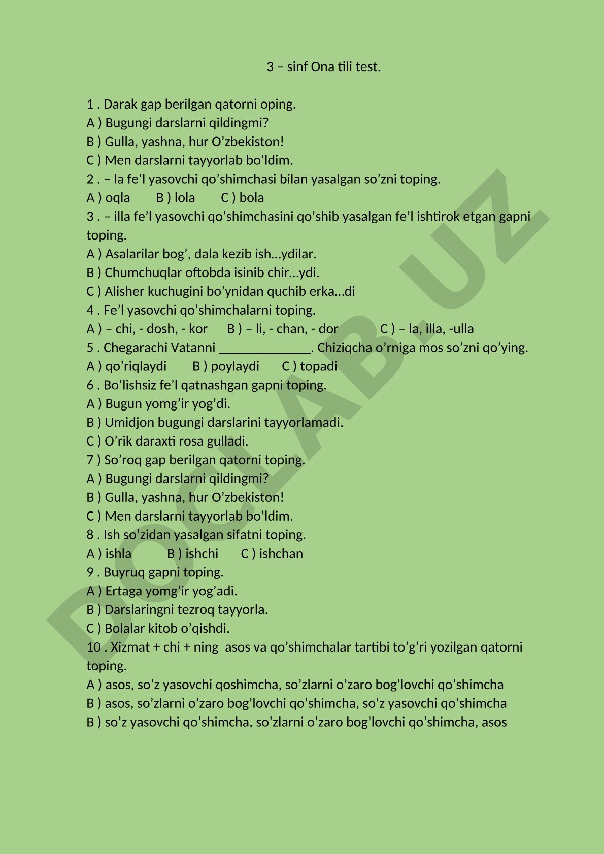 3-sinf Ona tili test
