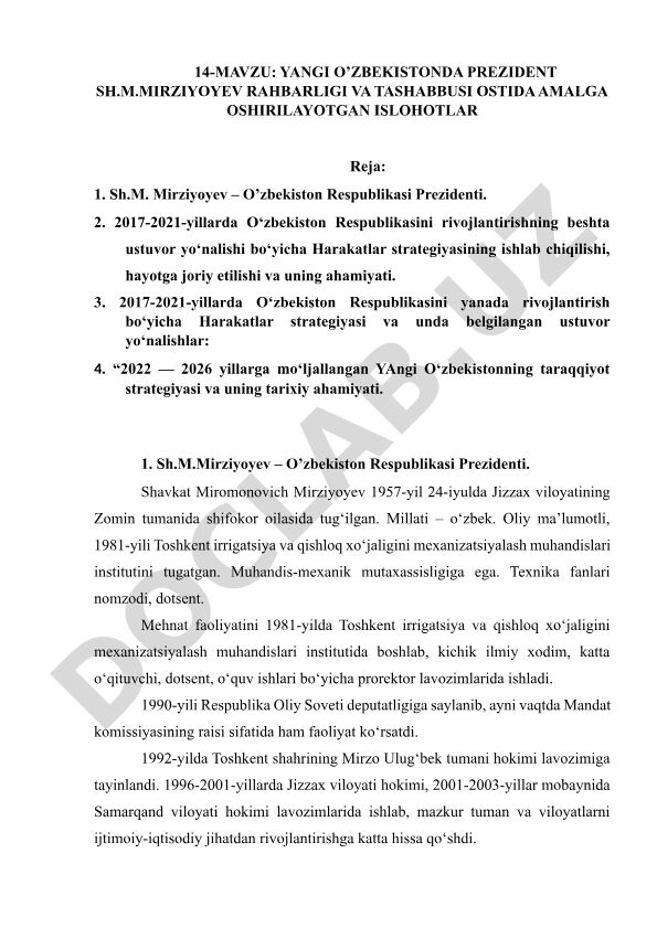 Yangi O’zbekistonda Prezident Sh.M.Mirziyoyev rahbarligi va tashabbusi ostida amalga oshirilayotgan islohotlar