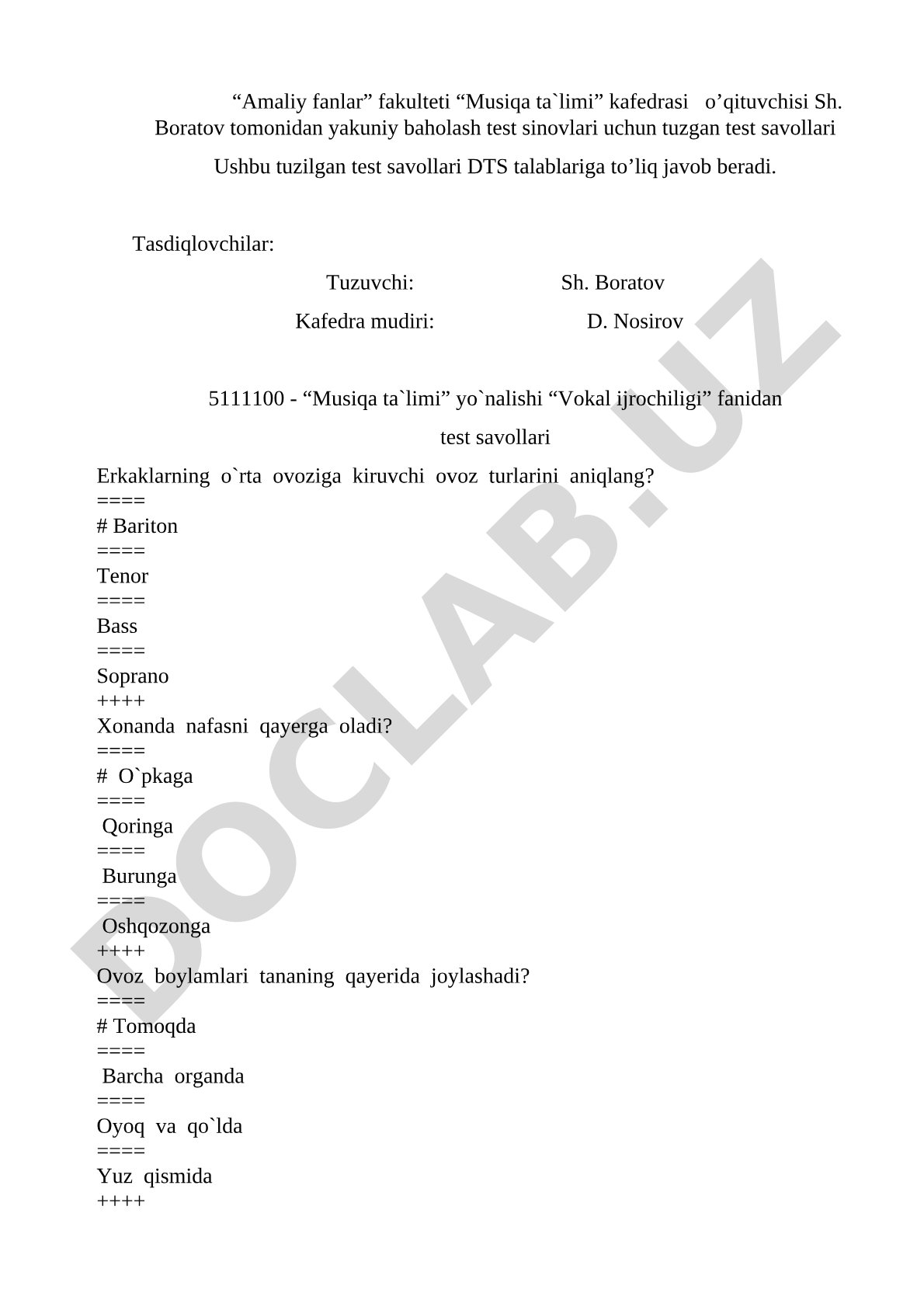 Vokal ijrochiligi fanidan test savollari