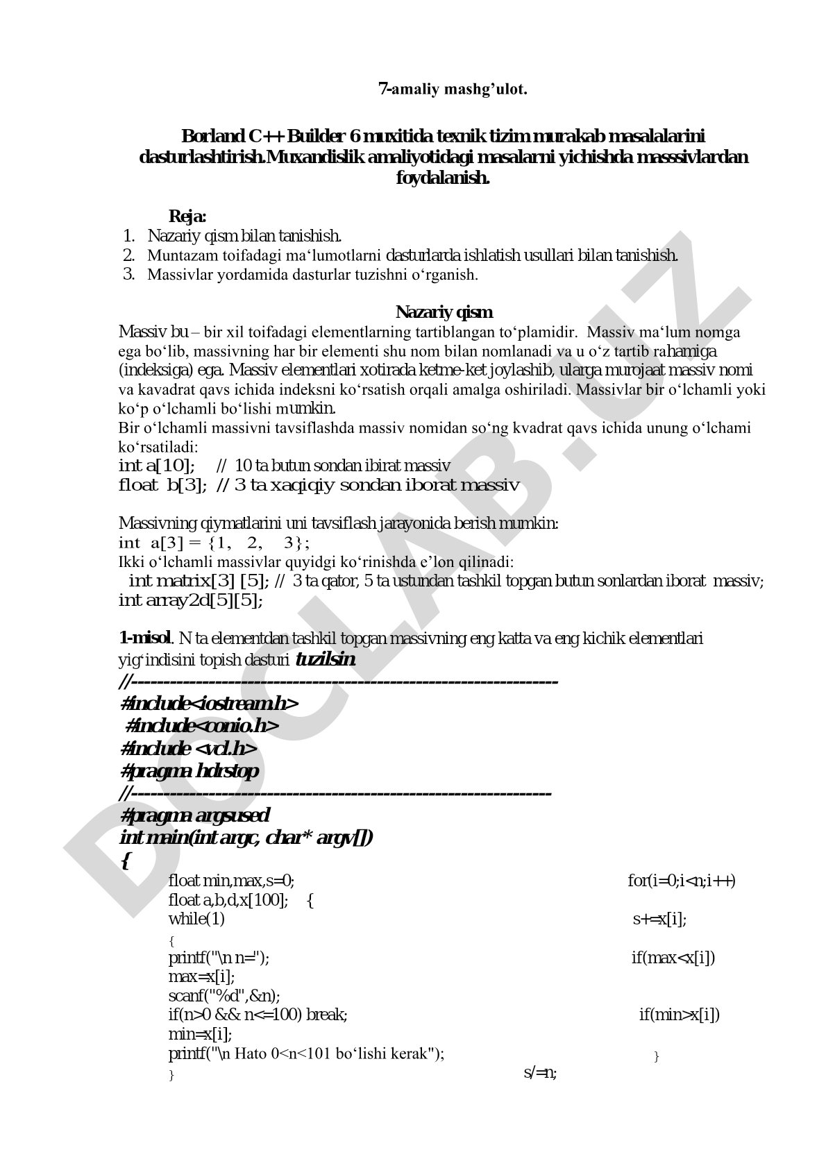 Borland C++ Builder 6 muhitida texnik tizim masalalarini dasturlashtirish