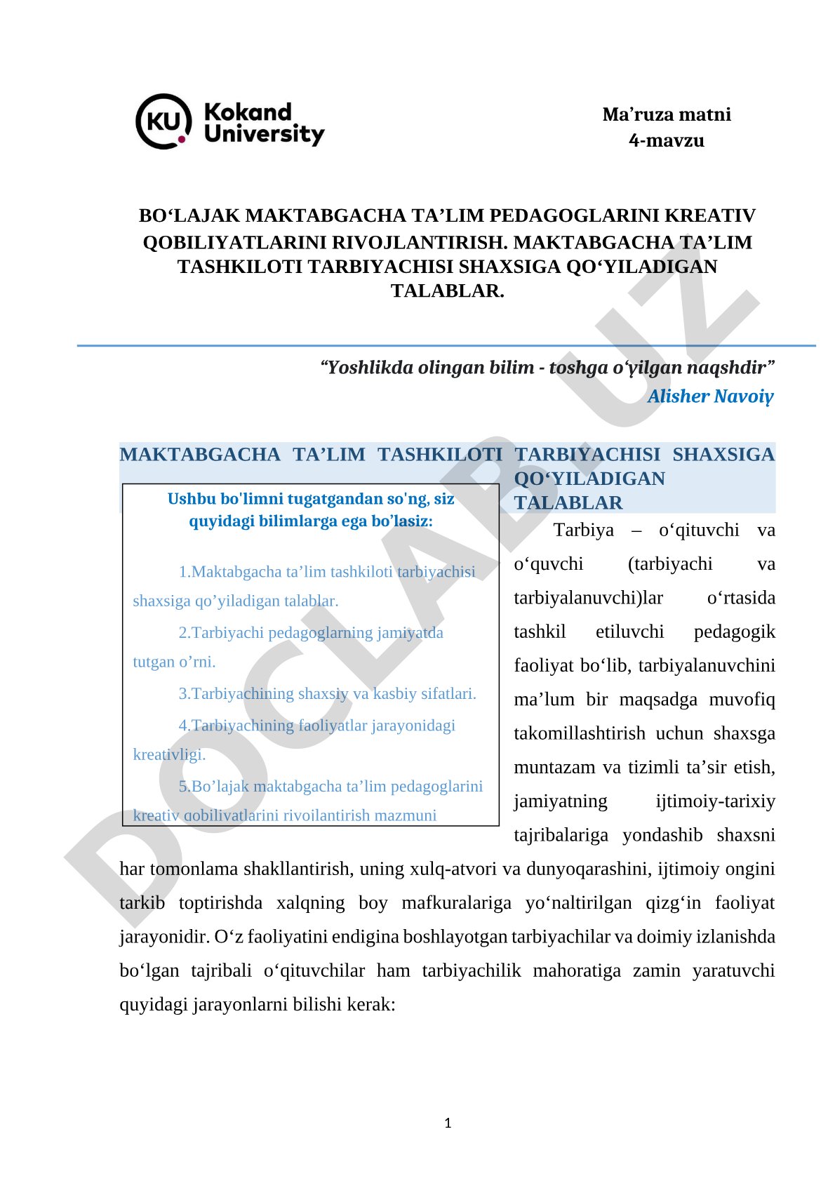 Bo‘lajak maktabgacha ta’lim pedagoglarining kreativ qobiliyatlarini rivojlantirish