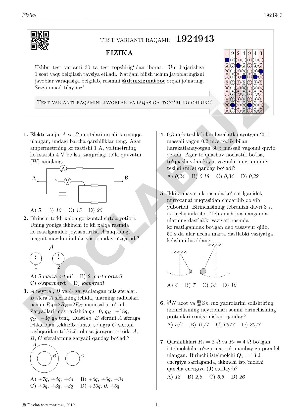 Fizika fanidan 30 ta test savollari