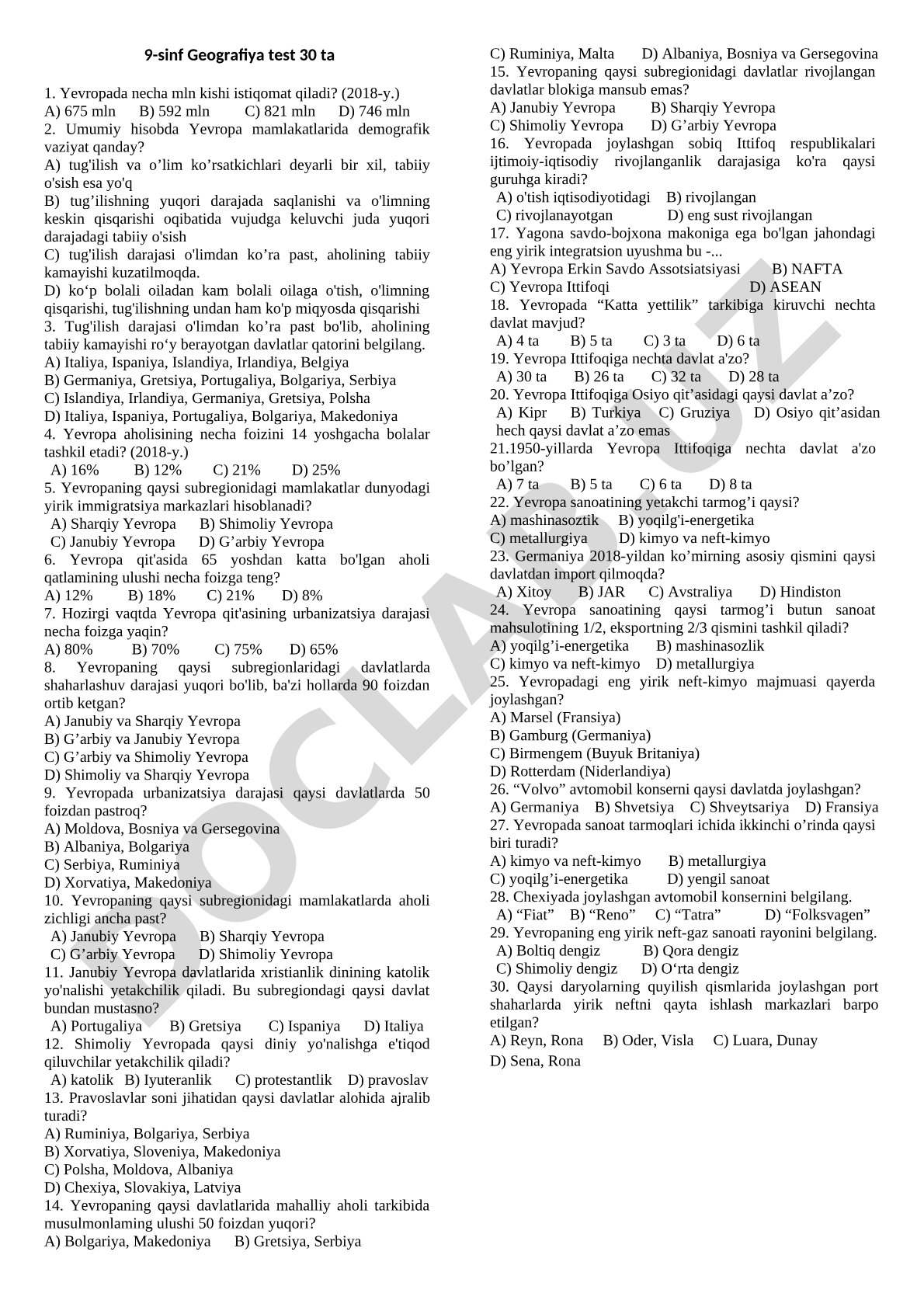 9-sinf Geografiya test 30 ta