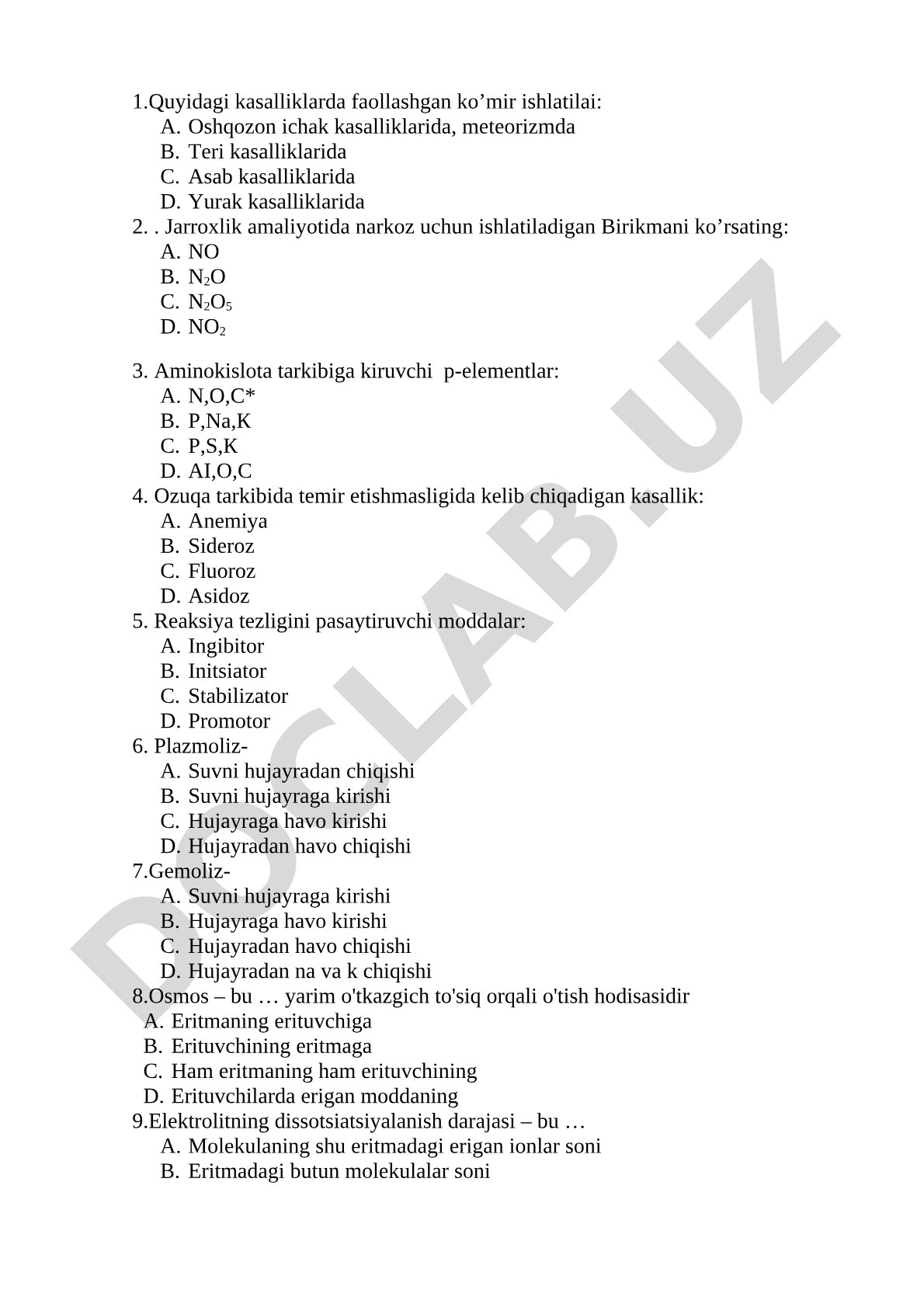 Biologiya va kimyo fanidan test savollari