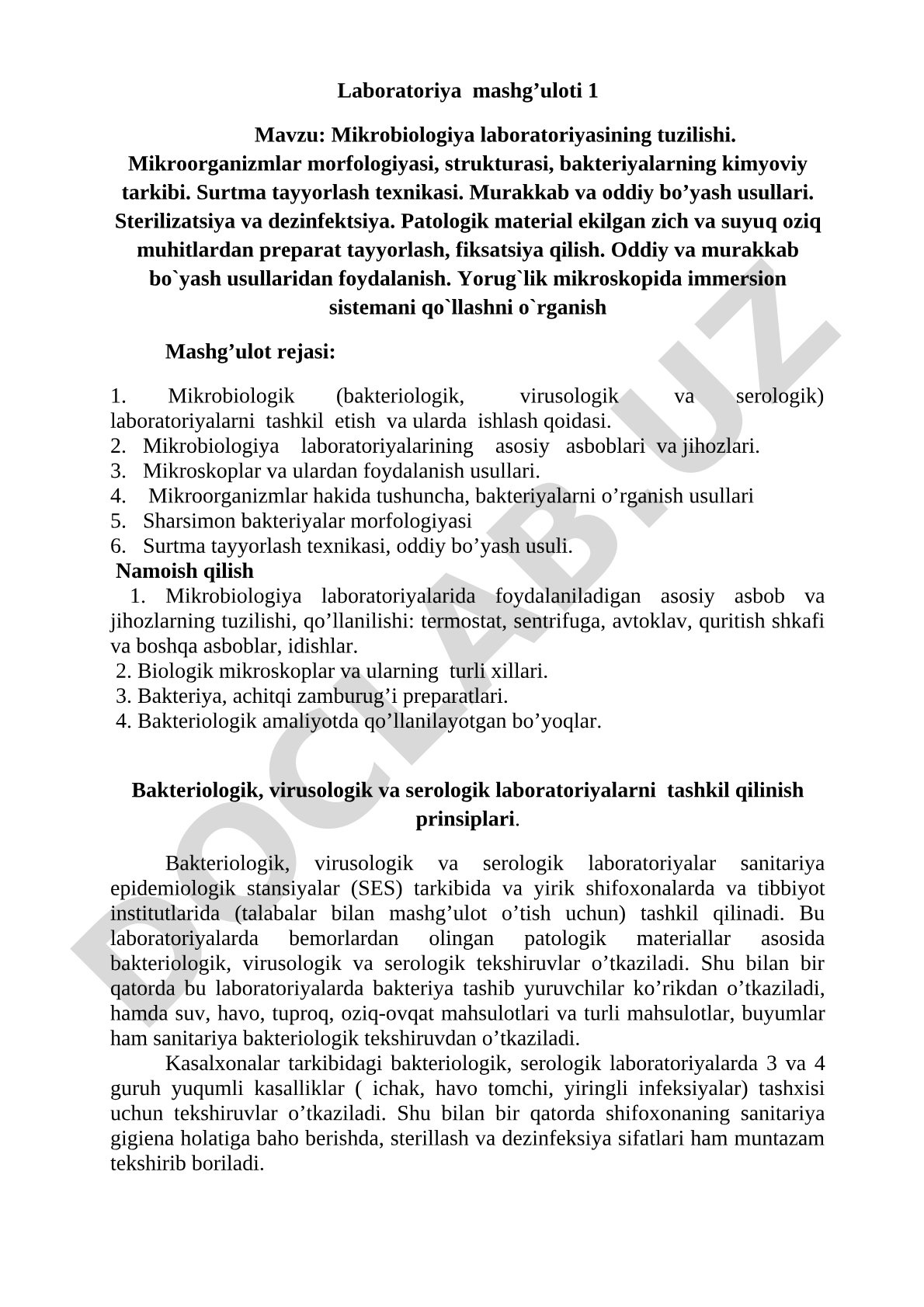 Mikrobiologiya laboratoriyasining tuzilishi va mikroorganizmlar morfologiyasi