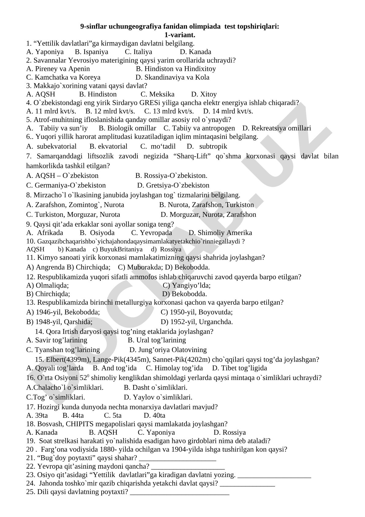 9-sinflar uchun geografiya fanidan olimpiada test topshiriqlari