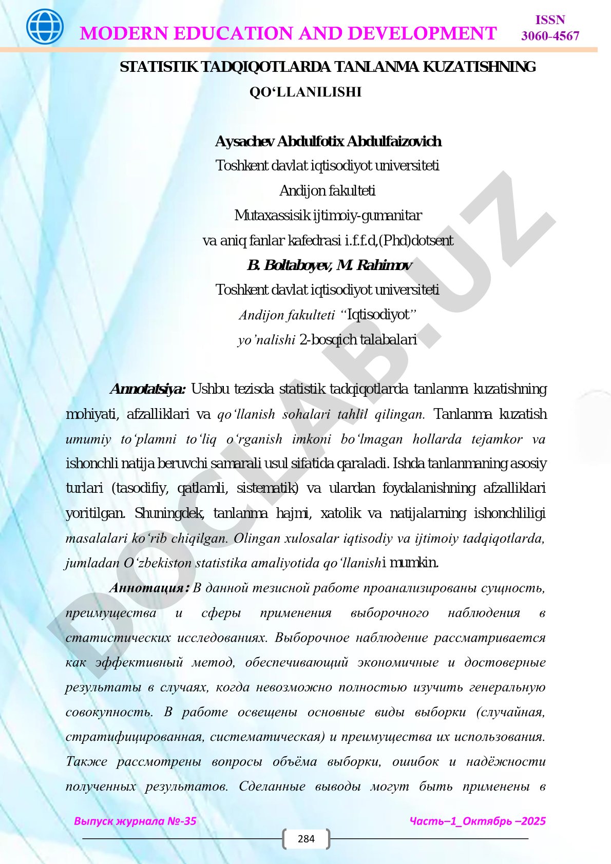Statistik tadqiqotlarda tanlanma kuzatishning qo‘llanilishi