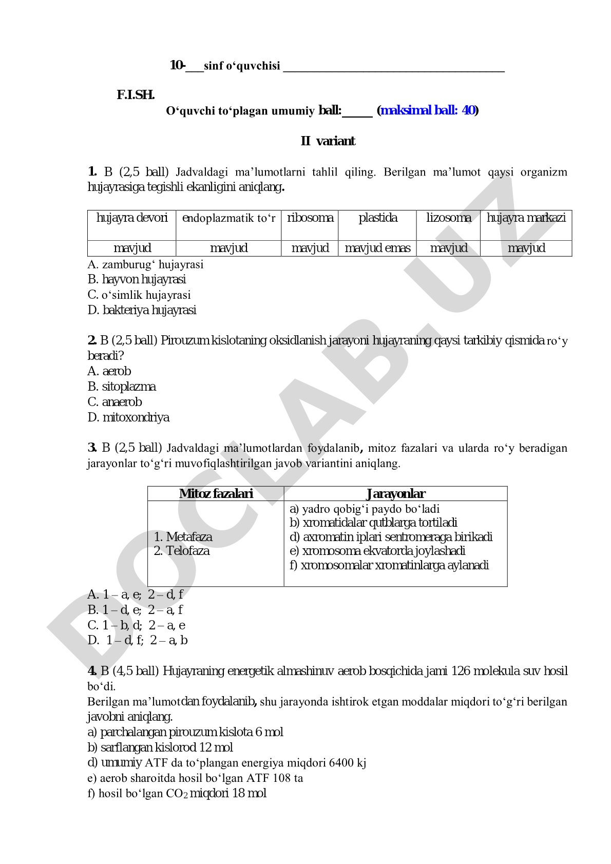 10-sinf biologiya test II variant