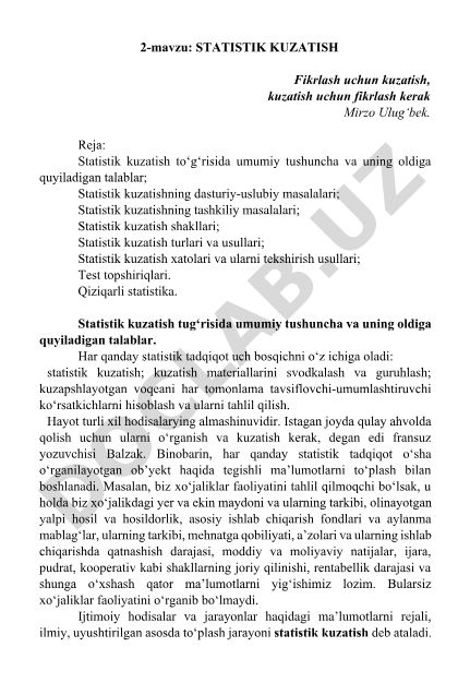 Statistik kuzatish to'g'risida umumiy tushuncha va usullari