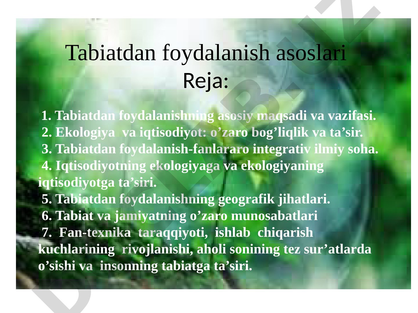 Tabiat va jamiyat munosabatlari, ekologik iqtisodiyot masalalari yoritilgan