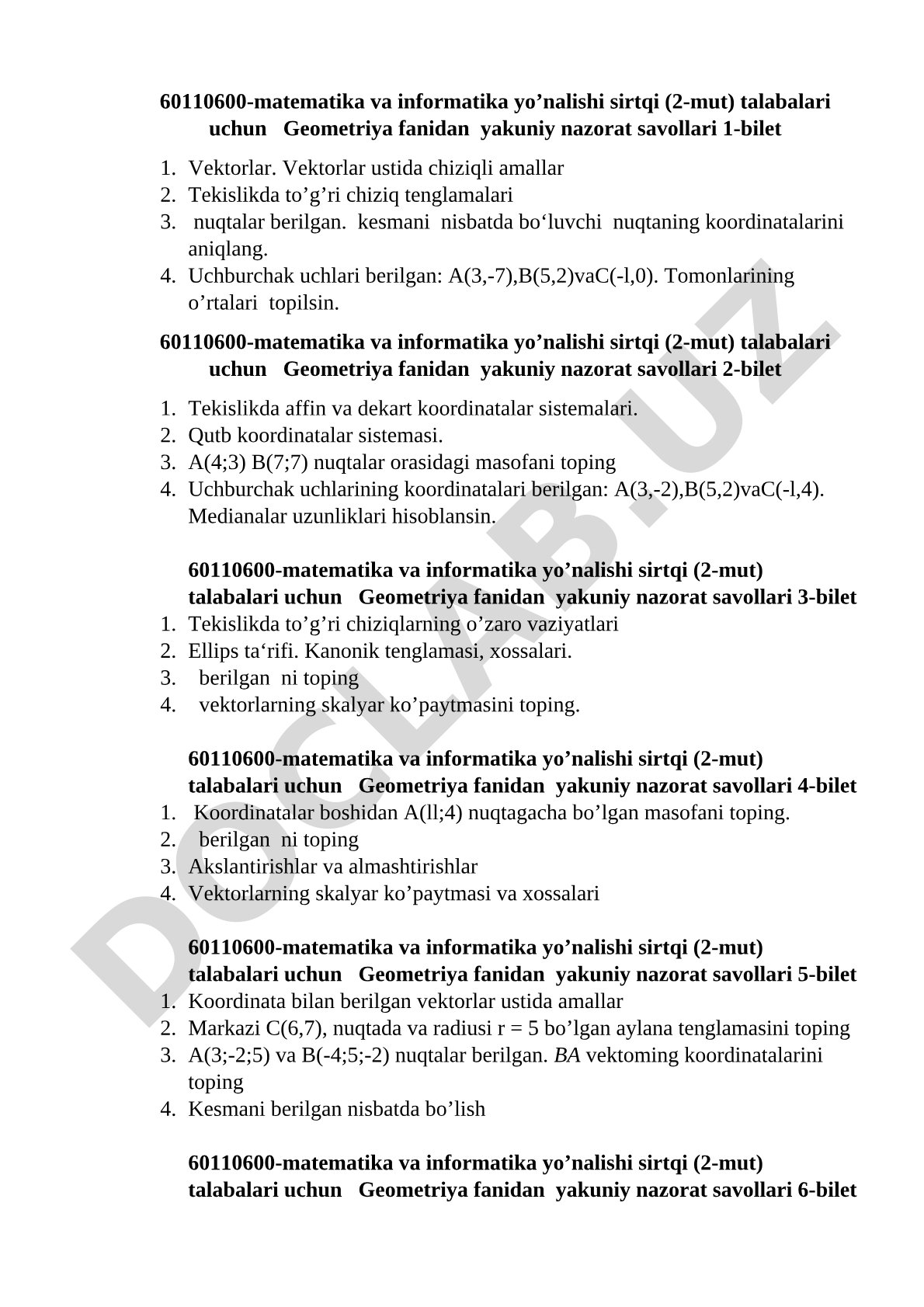 Geometriya fanidan yakuniy nazorat savollari