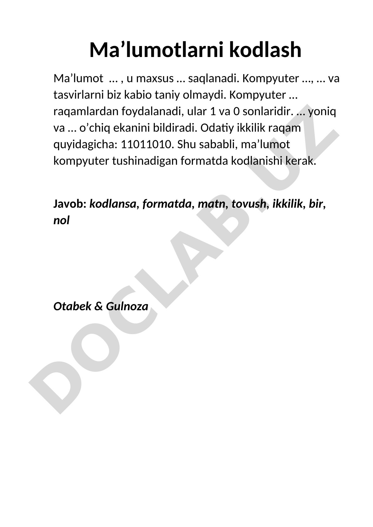 Ma'lumotlarni kompyuterda ikkilik raqamlar bilan kodlash haqida matn