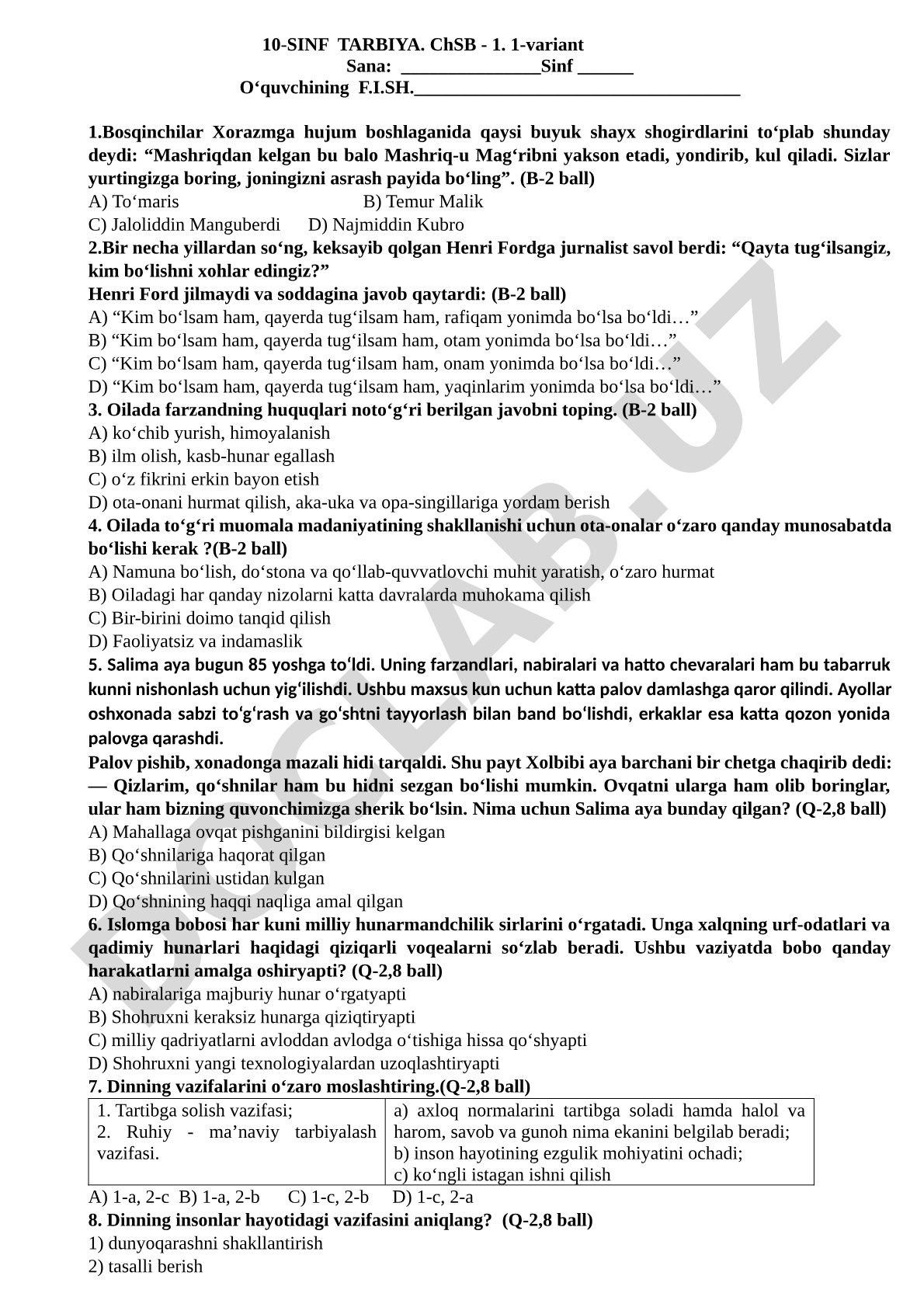 10-sinf Tarbiya fanidan ChSB-1 test