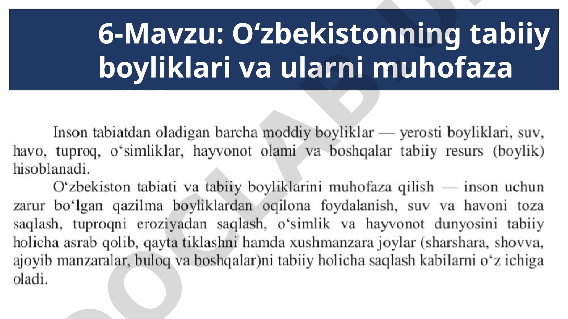 O‘zbekistonning tabiiy boyliklari va ularni muhofaza qilish